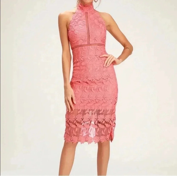 Bardot Noni Coral Pink Lace Halter BarbieCore Midi Dress(10)L NWT - Picture 1 of 14